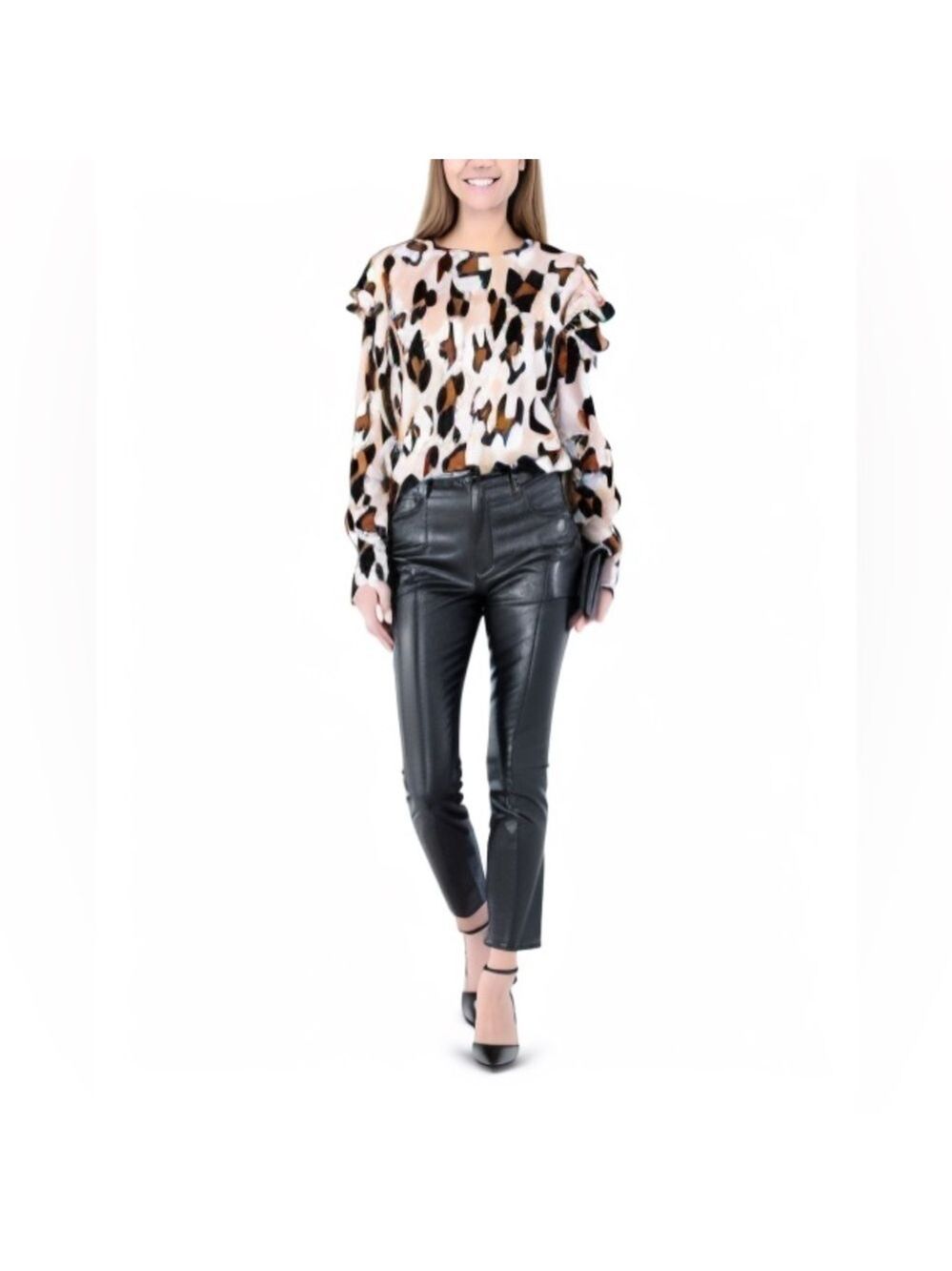Ann Taylor Factory Womens Animal Print Ruffle Detail Long Sleeve Pink Blouse